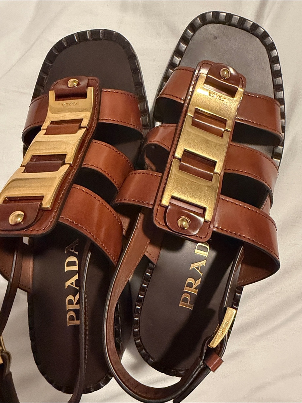 Prada Tan Leather Sandals with Gold-Tone Buckle Accents - Picture 6 of 7